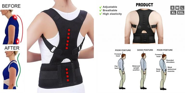 Person wearing a black posture brace supporting upper back and shoulders