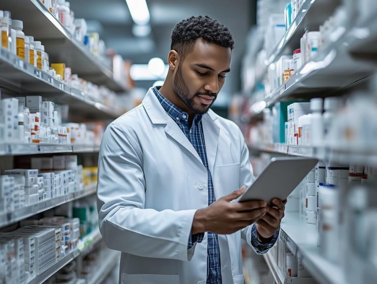 Student working on laptop with pills and pharmacy textbooks nearby in a study setting